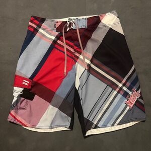 Y2K Billabong Plaid Board Shorts‎ Men's Size 38 Swim Trunks Surf Beach Red Blue